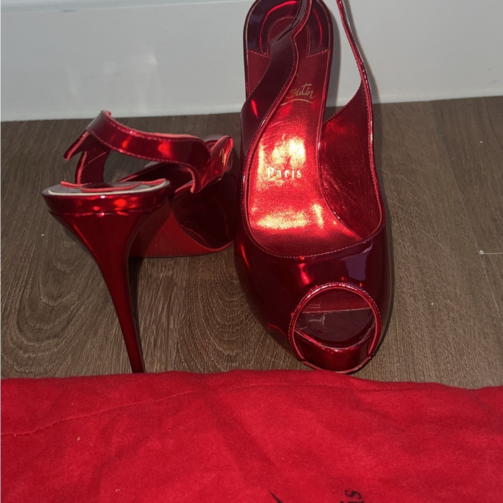 Christian Louboutin metallic Red hot chick alta Peep Toe Heels size 8 1/2